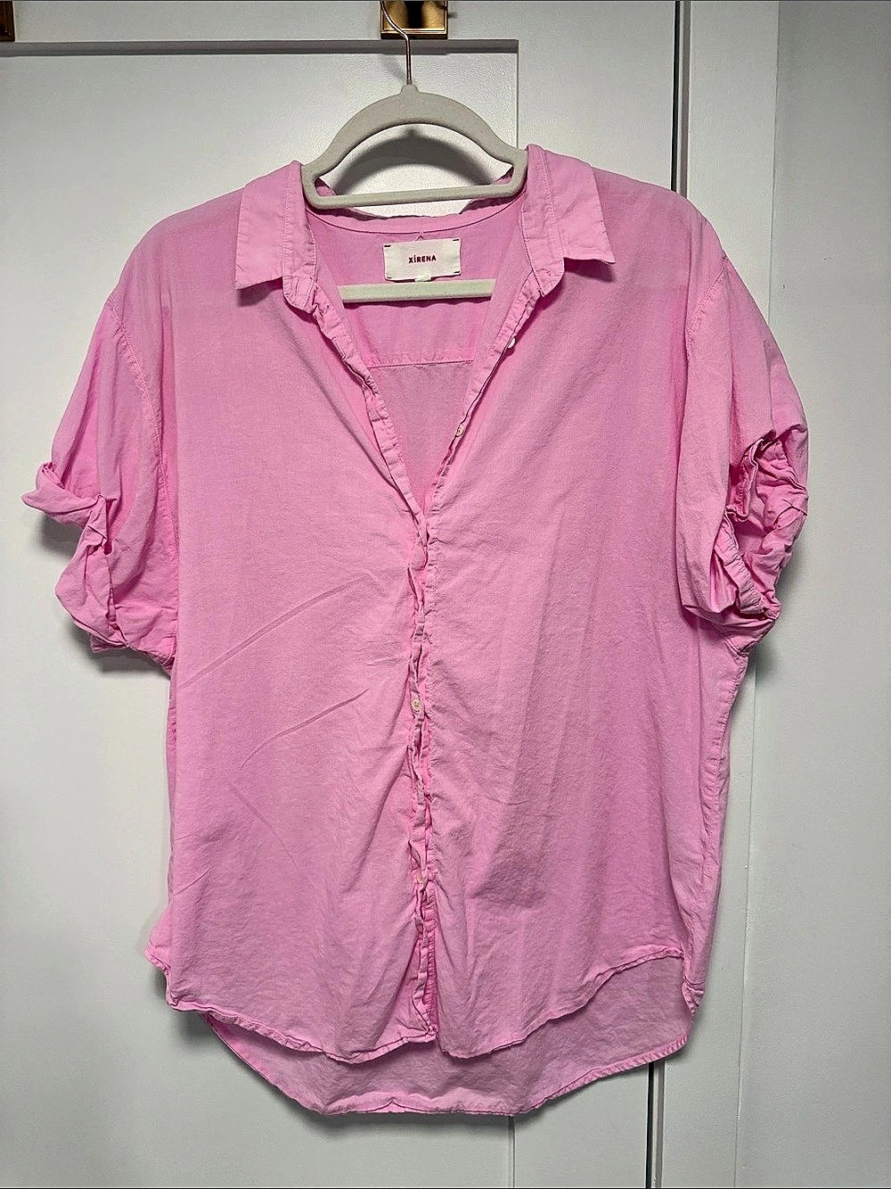 Xirena Channing Shirt Ruffle Button Front Cotton Top Pink Small